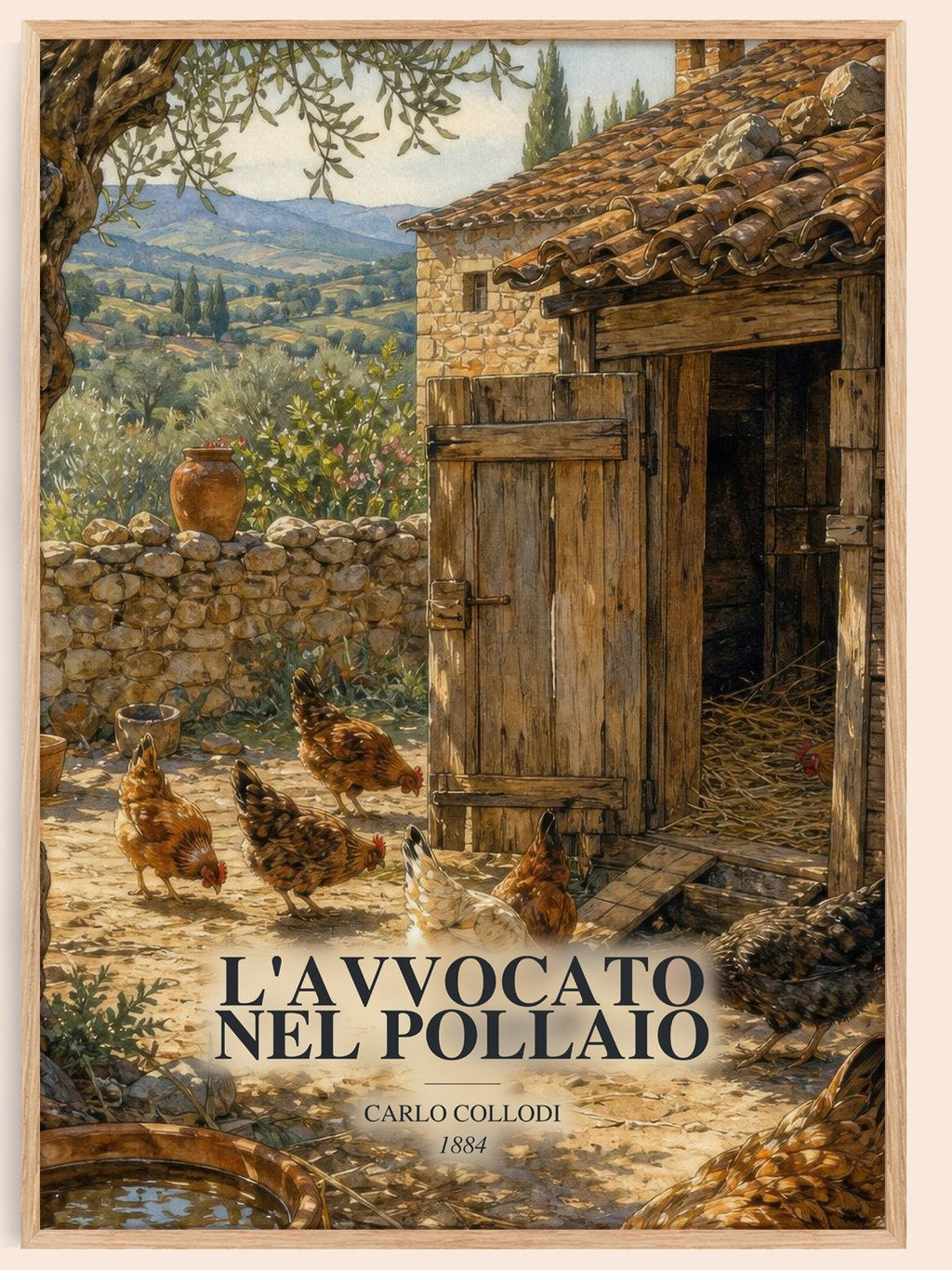 L'Avvocato Nel Pollaio watercolour book poster by Carlo Collodi – framed literary art print