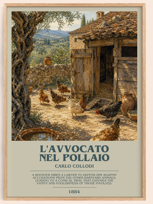 L'Avvocato Nel Pollaio bookish book poster by Carlo Collodi – framed literary art print