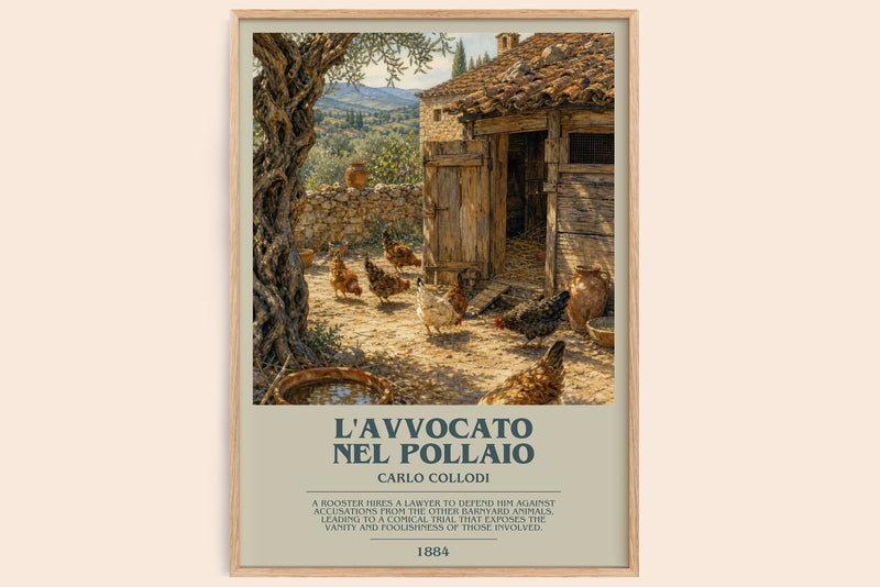 L'Avvocato Nel Pollaio bookish book poster by Carlo Collodi – framed literary art print