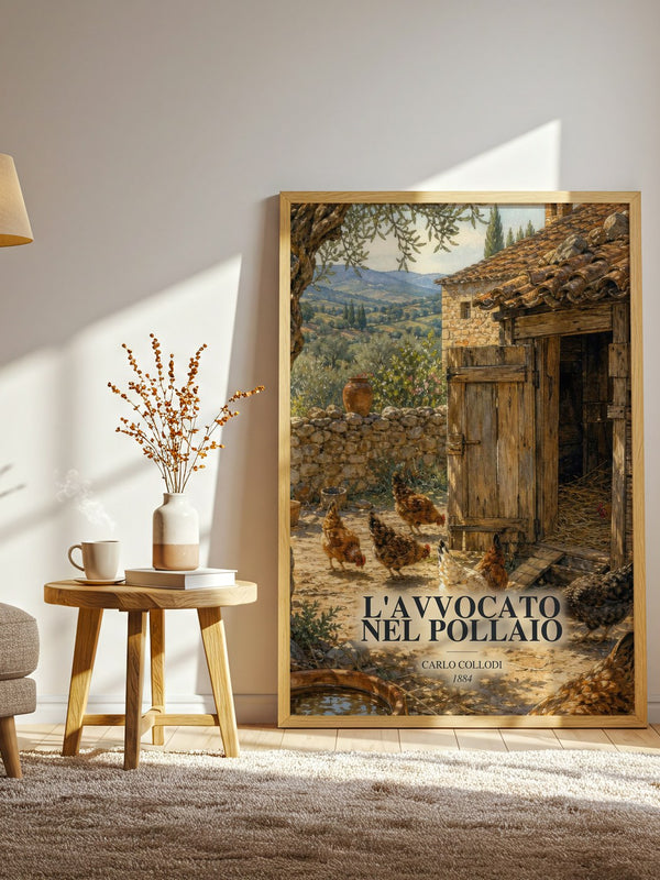 L'Avvocato Nel Pollaio watercolour print in frame leaning in hallway – childrens wall art