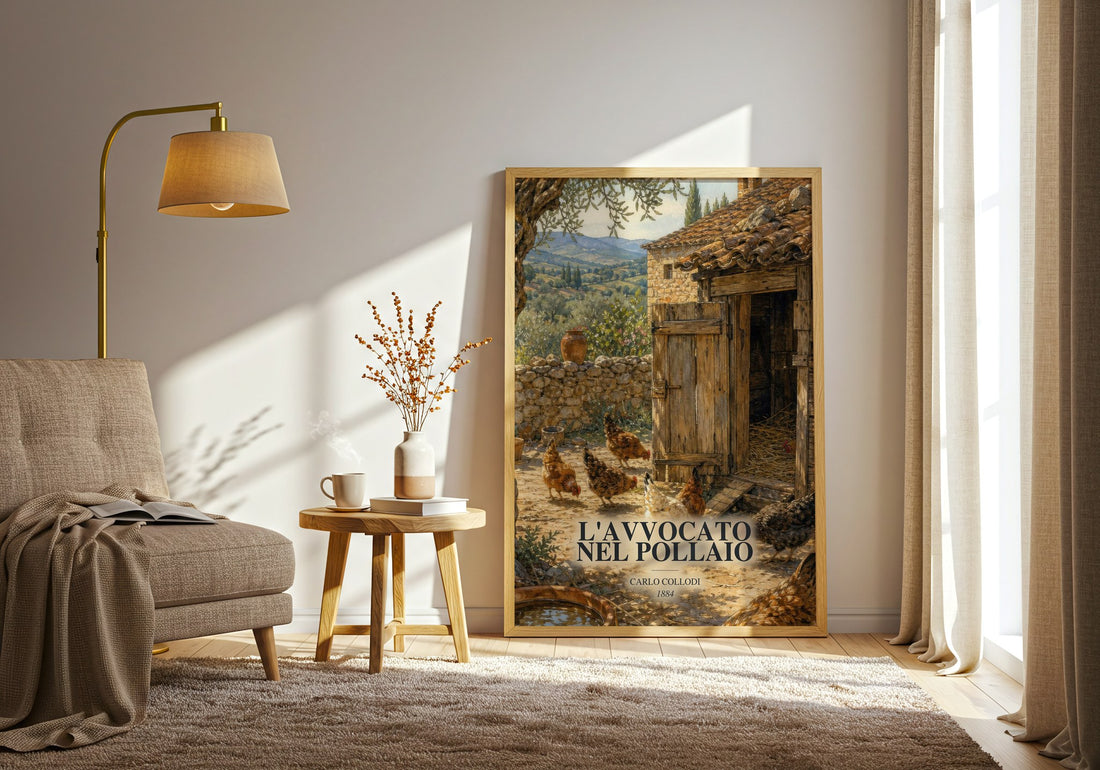 L'Avvocato Nel Pollaio watercolour print in frame leaning in hallway – childrens wall art (mockup)