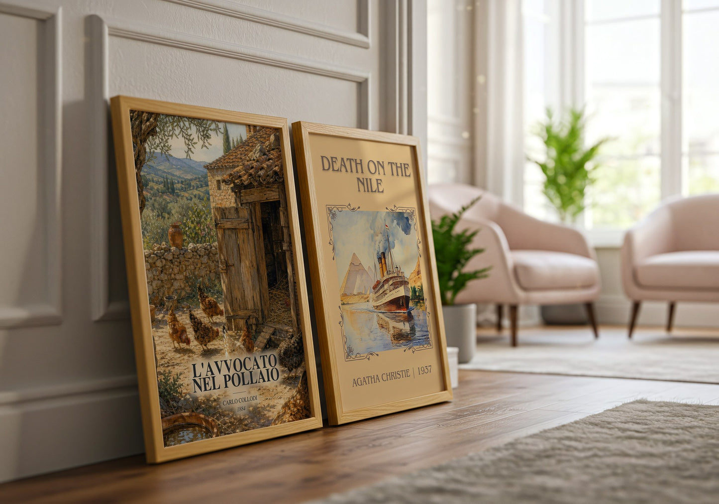 L'Avvocato Nel Pollaio watercolour print framed by window – literary home decor