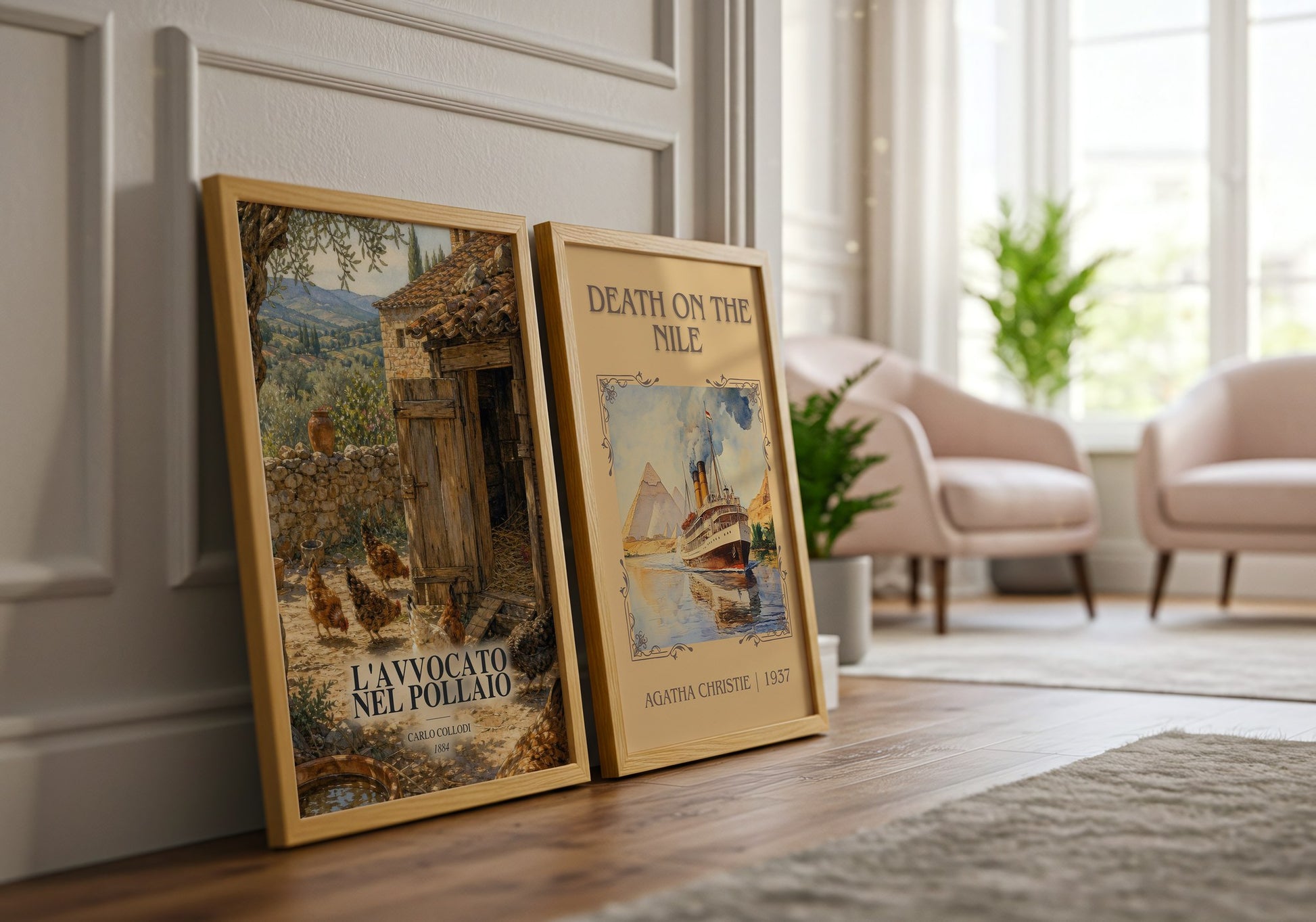 L'Avvocato Nel Pollaio watercolour print framed by window – literary home decor
