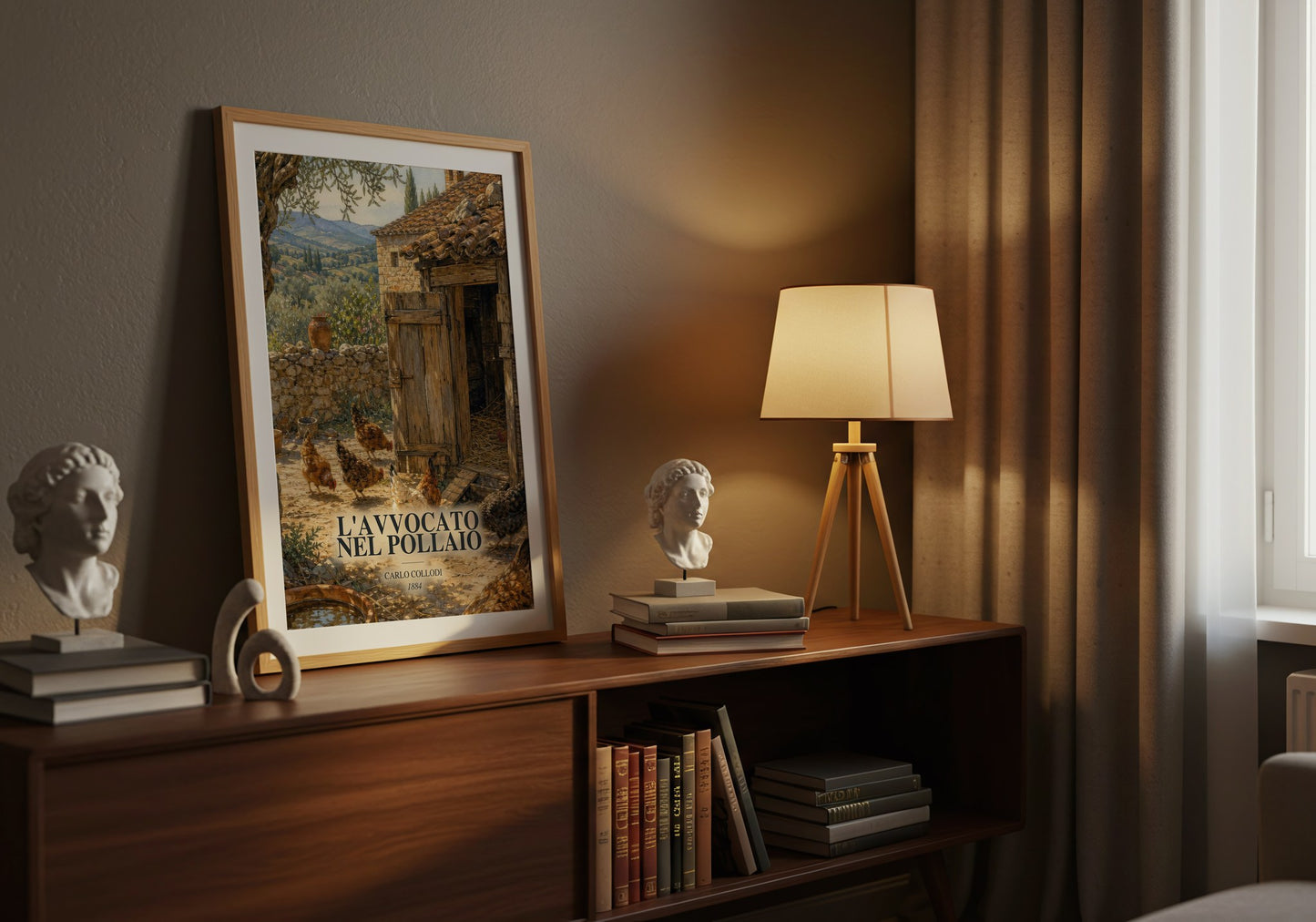 L'Avvocato Nel Pollaio watercolour print on bookshelf – Carlo Collodi fan gift