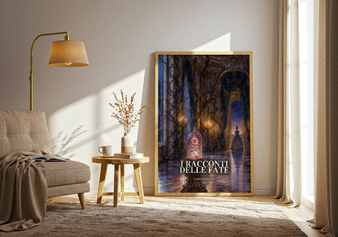 I Racconti Delle Fate watercolour print in frame leaning in hallway – childrens wall art (mockup)