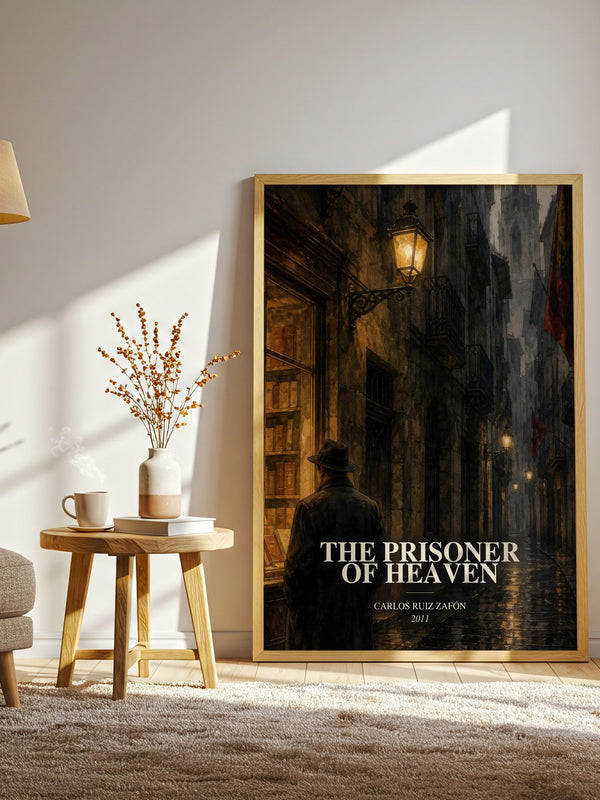 The Prisoner Of Heaven watercolour print in frame leaning in hallway – historical fiction wall art