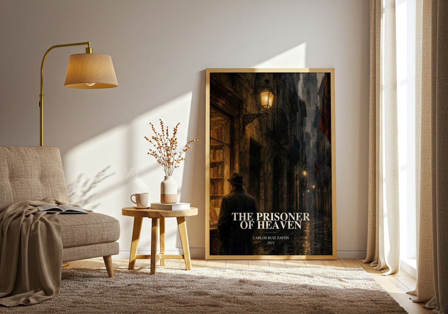 The Prisoner Of Heaven watercolour print in frame leaning in hallway – historical fiction wall art