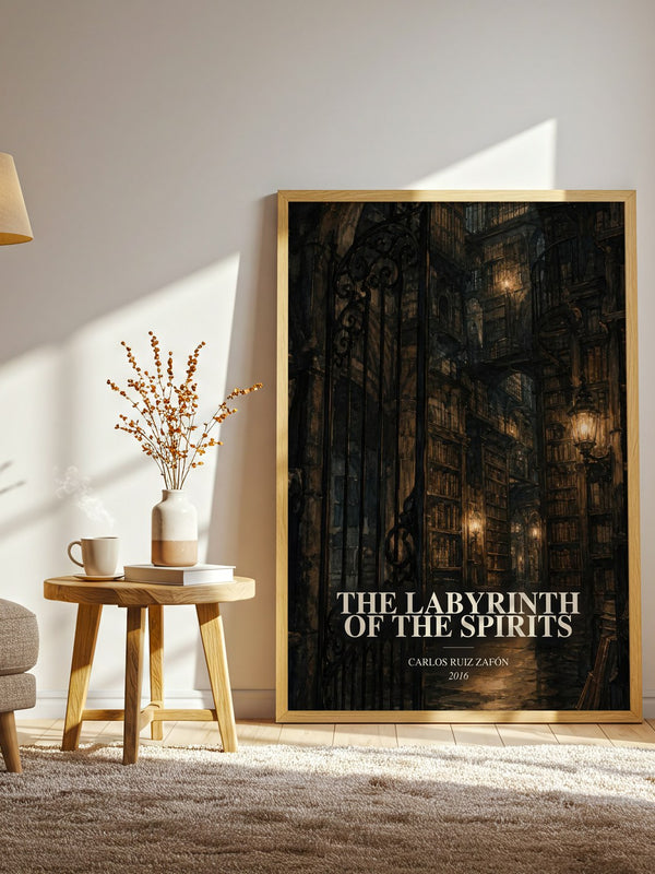 The Labyrinth Of The Spirits watercolour print in frame leaning in hallway – mystery wall art