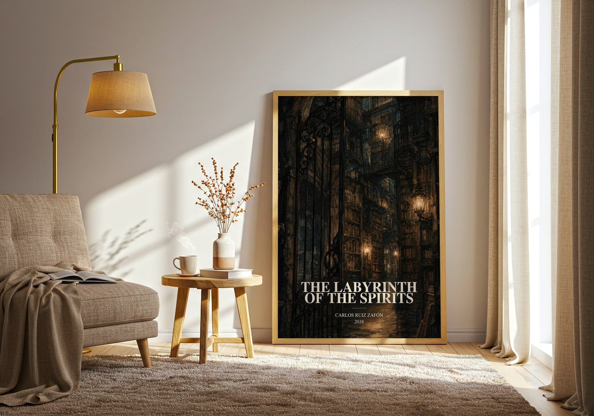 The Labyrinth Of The Spirits watercolour print in frame leaning in hallway – mystery wall art
