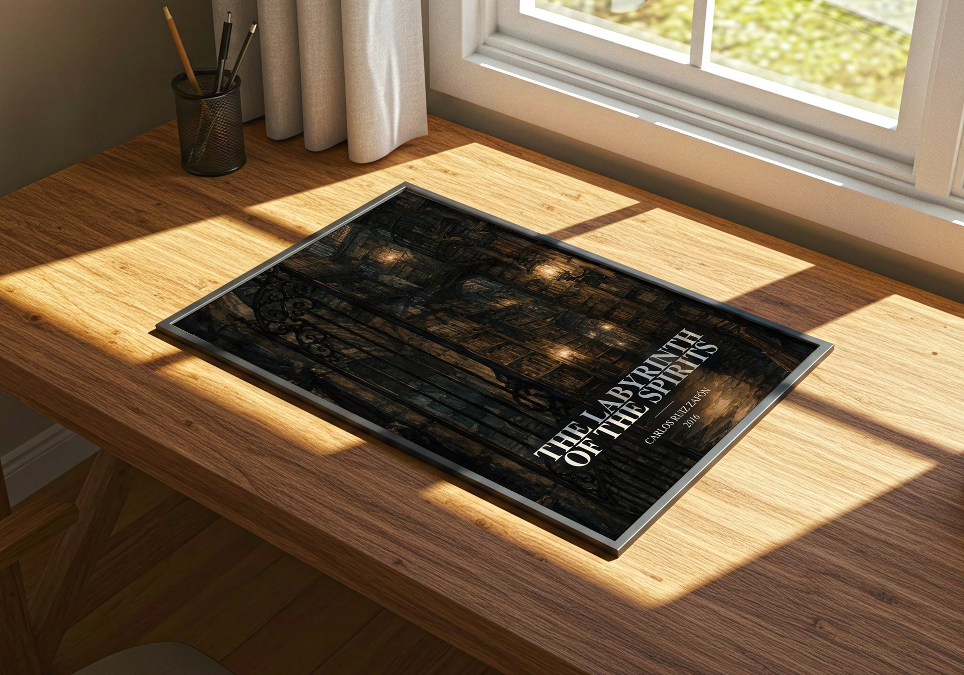 The Labyrinth Of The Spirits watercolour book poster framed on wall – mystery wall art