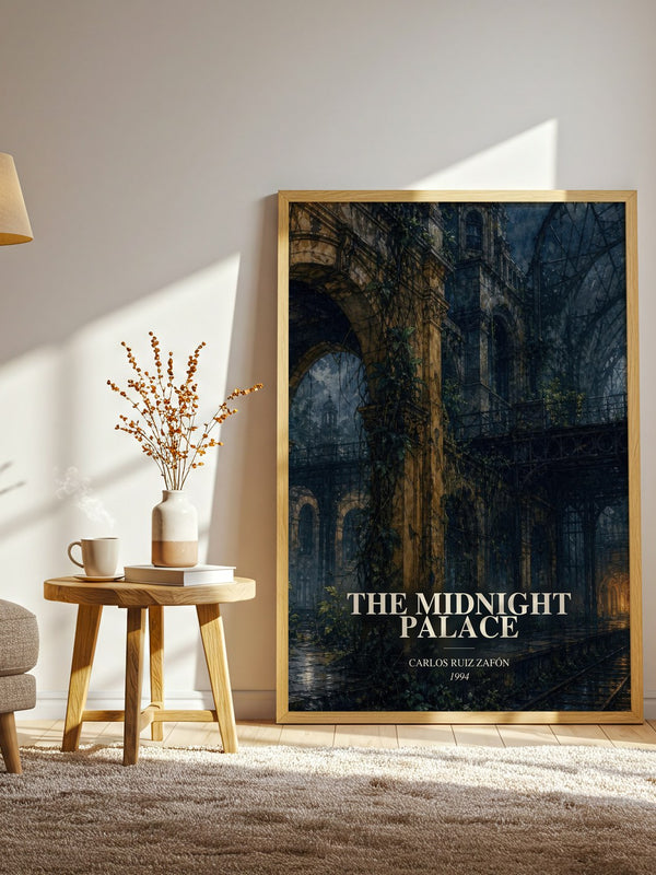 The Midnight Palace watercolour print in frame leaning in hallway – young adult wall art