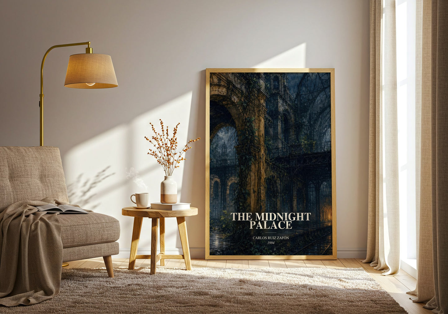 The Midnight Palace watercolour print in frame leaning in hallway – young adult wall art