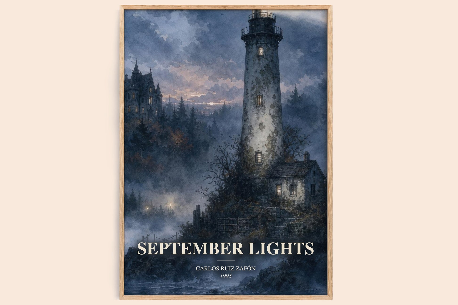 September Lights watercolour book poster by Carlos Ruiz Zafón – framed literary art print