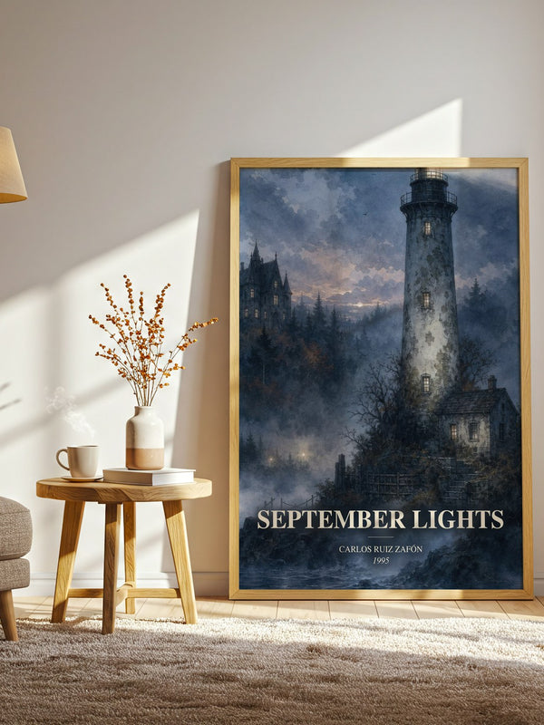 September Lights watercolour print in frame leaning in hallway – literary fiction wall art