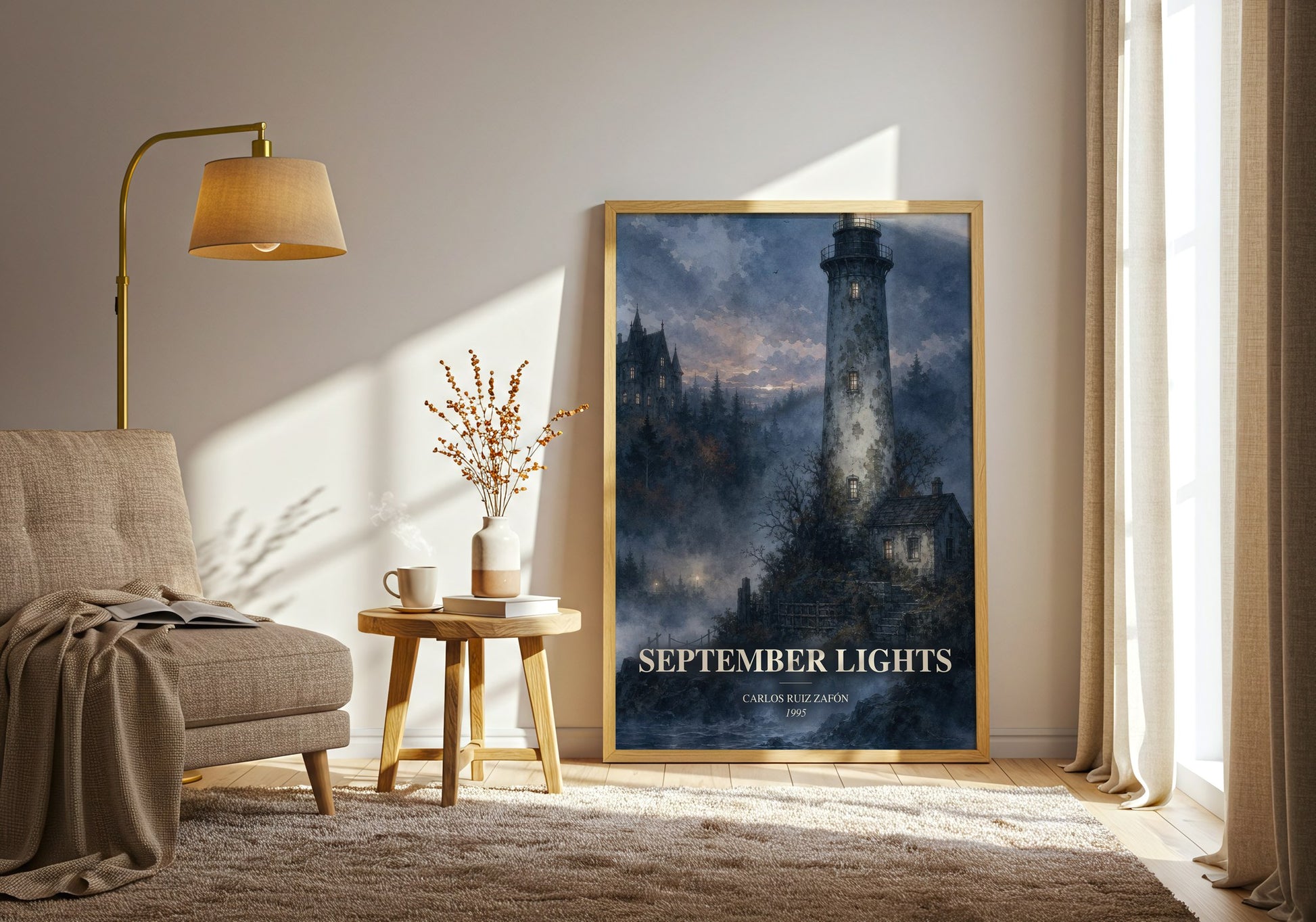 September Lights watercolour print in frame leaning in hallway – literary fiction wall art