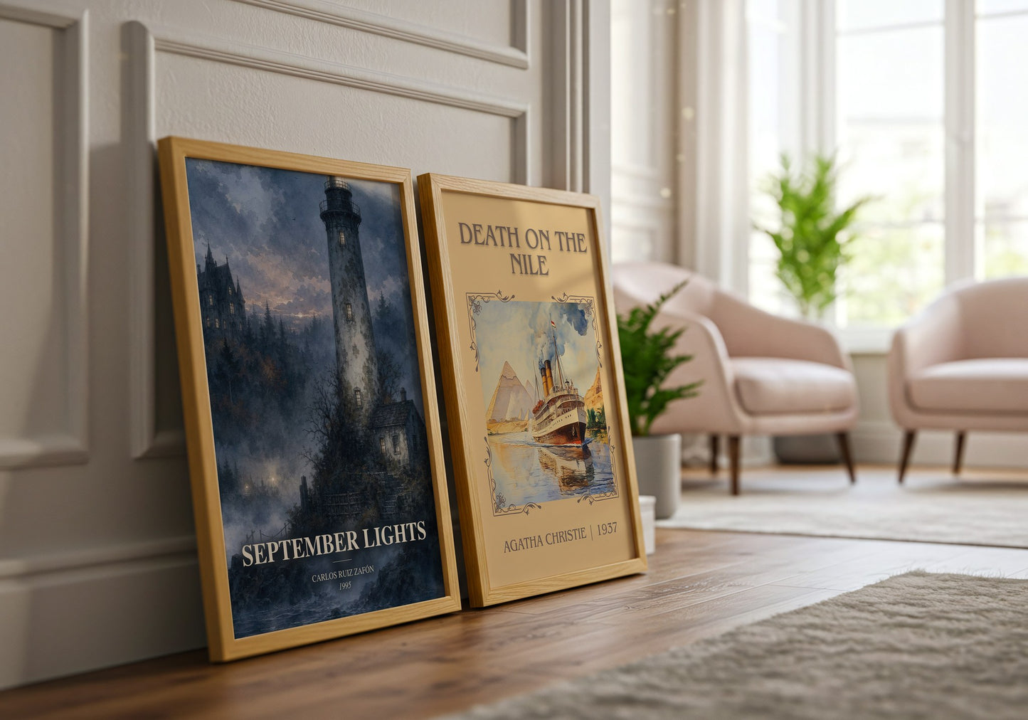 September Lights watercolour print framed by window – literary home decor