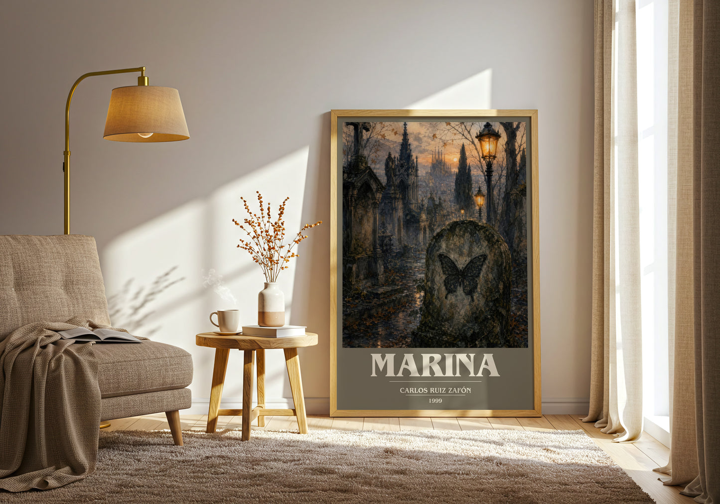 Marina book cover print on bookshelf – Carlos Ruiz Zafón fan gift
