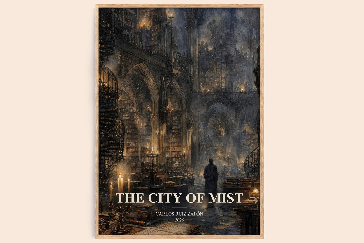 The City Of Mist watercolour book poster by Carlos Ruiz Zafón – framed literary art print