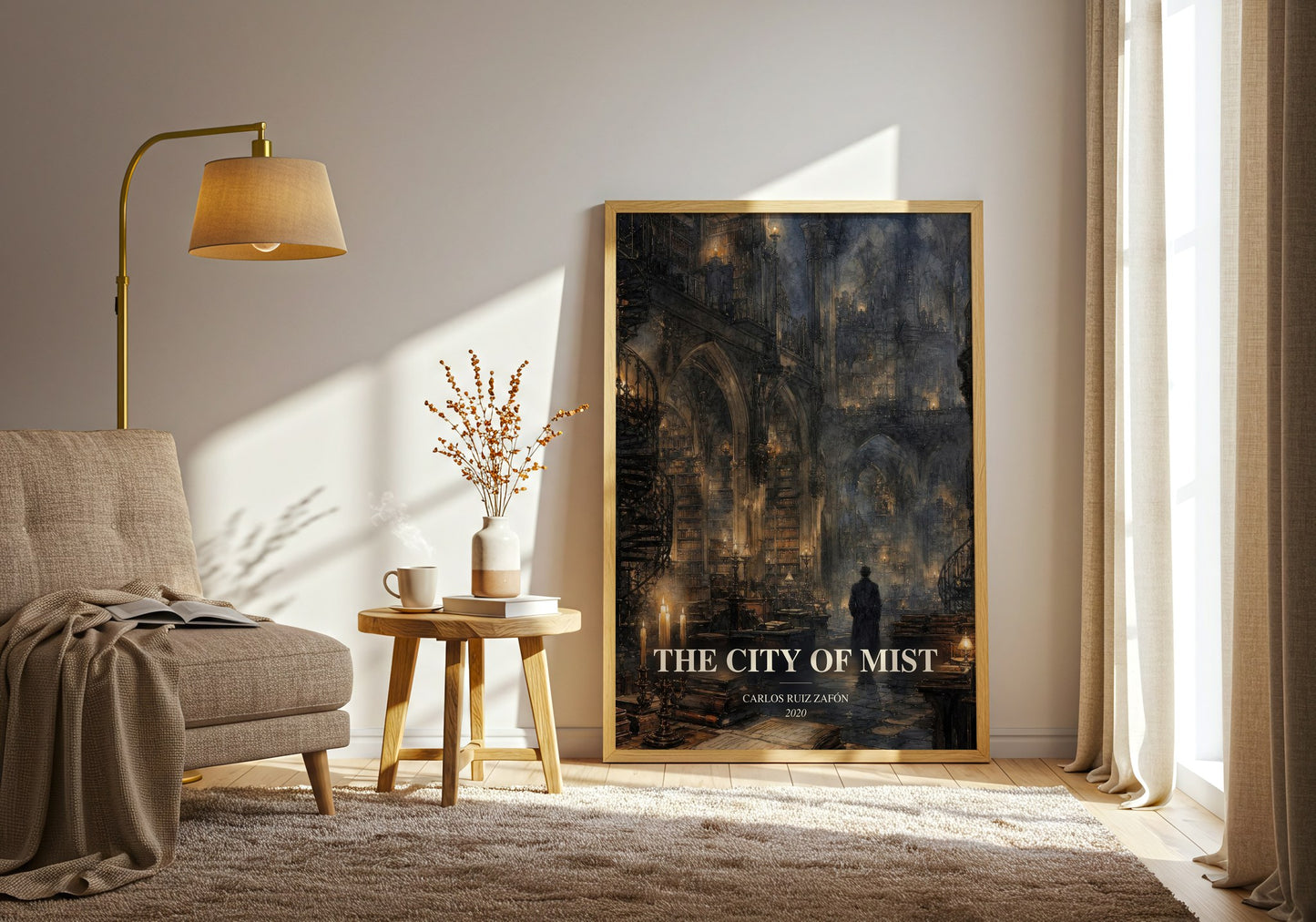 The City Of Mist watercolour print in frame leaning in hallway – mystery wall art