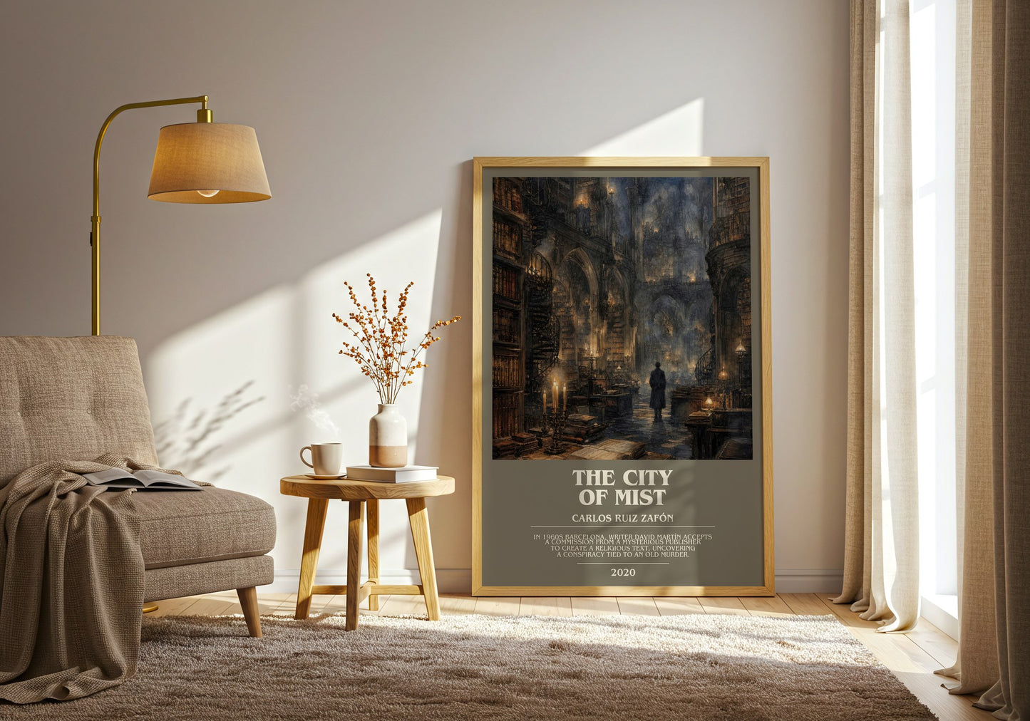 The City Of Mist bookish print on bookshelf – Carlos Ruiz Zafón fan gift