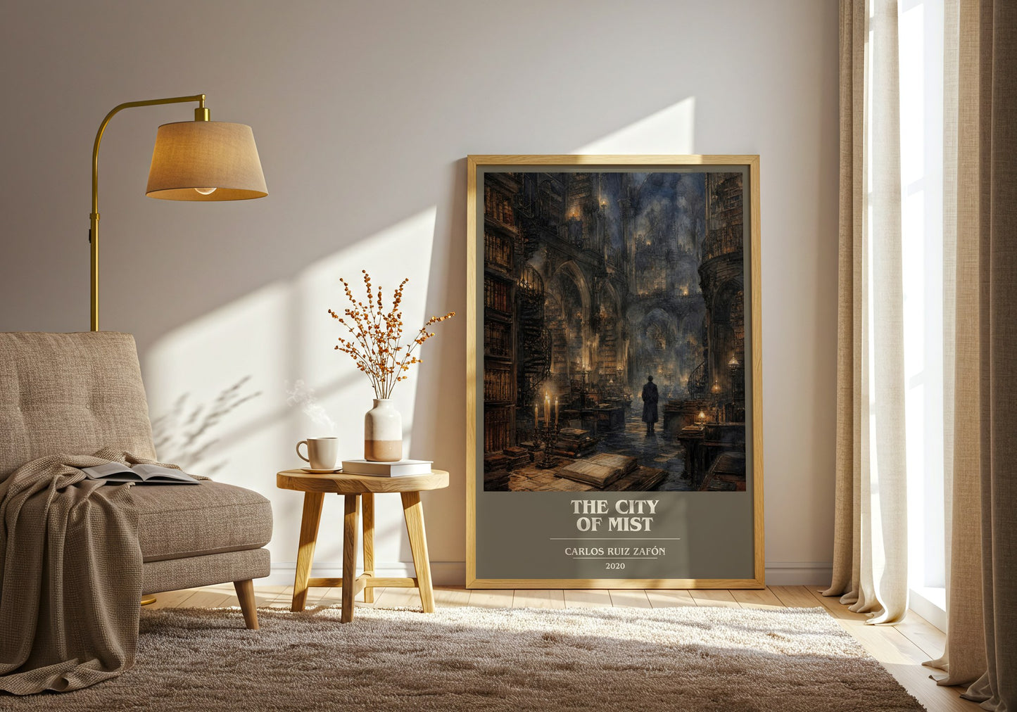 The City Of Mist book cover print on bookshelf – Carlos Ruiz Zafón fan gift