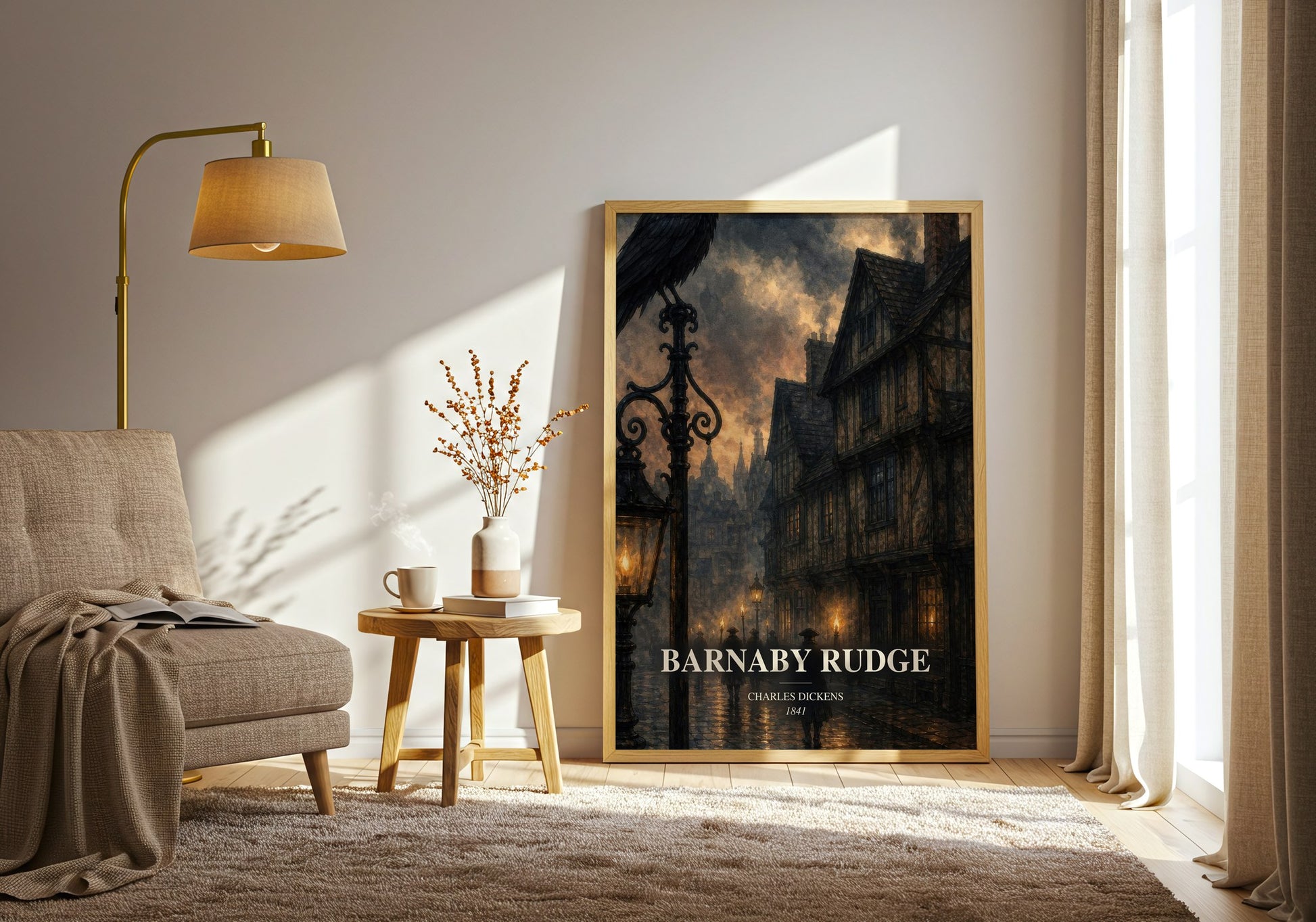 Barnaby Rudge watercolour print in frame leaning in hallway – historical fiction wall art