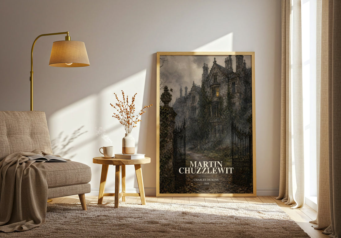 Martin Chuzzlewit watercolour print in frame leaning in hallway – classic literature wall art (mockup)