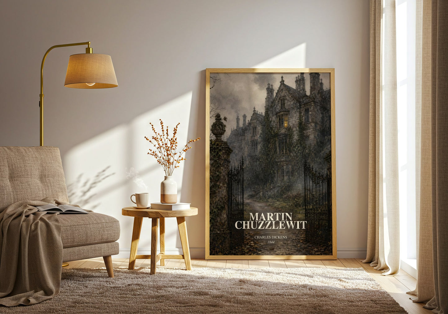 Martin Chuzzlewit watercolour print in frame leaning in hallway – classic literature wall art