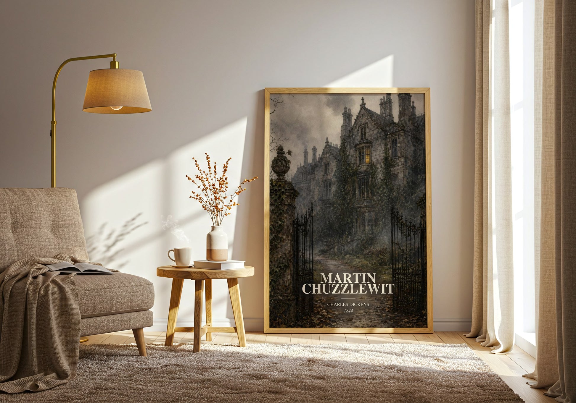 Martin Chuzzlewit watercolour print in frame leaning in hallway – classic literature wall art
