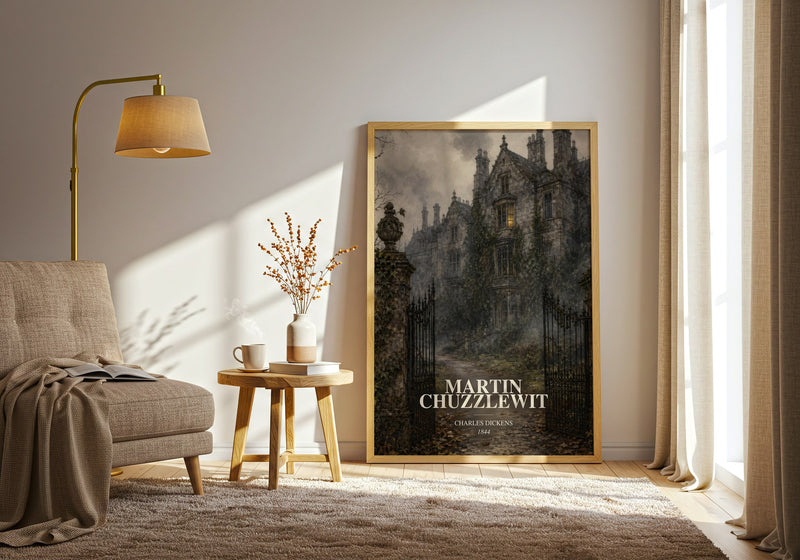 Martin Chuzzlewit watercolour print in frame leaning in hallway – classic literature wall art