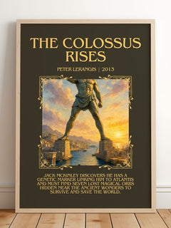 The colossus rises Minimalist Book Poster by Peter Lerangis – framed print leaning on a wooden floor