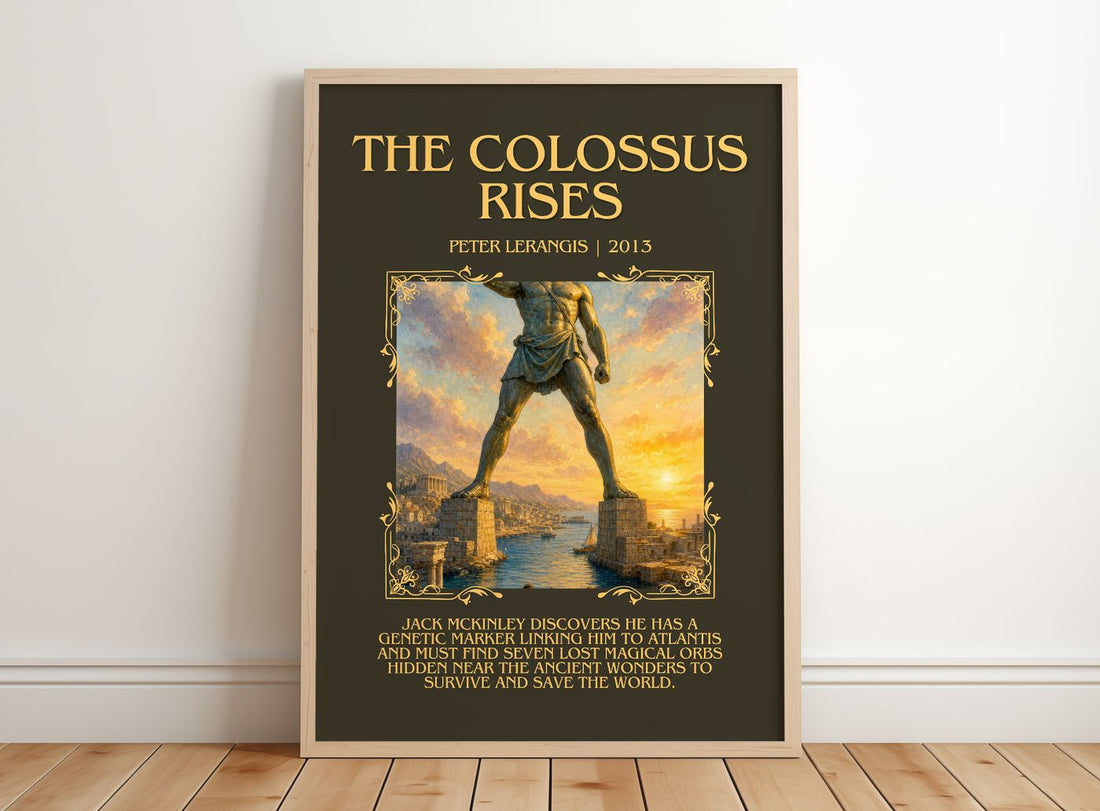 The colossus rises Minimalist Book Poster by Peter Lerangis – framed print leaning on a wooden floor