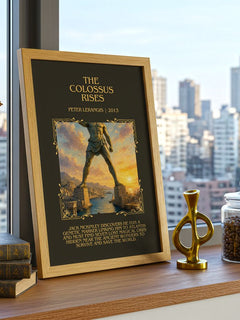 The colossus rises Minimalist Book Poster by Peter Lerangis – framed print on a city-view windowsill