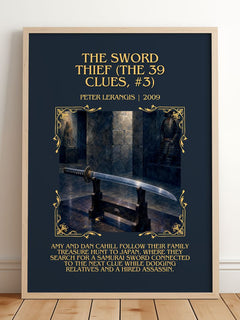 Sword Thief (The 39 Clues, #3) Minimalist Book Poster by P. Lerangis – framed print leaning on a wooden floor