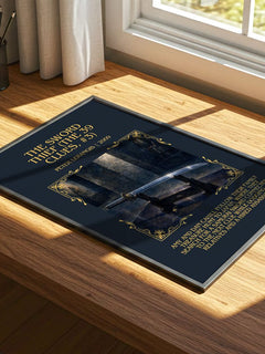 Sword Thief (The 39 Clues, #3) Minimalist Book Poster by P. Lerangis – print on a sunlit desk