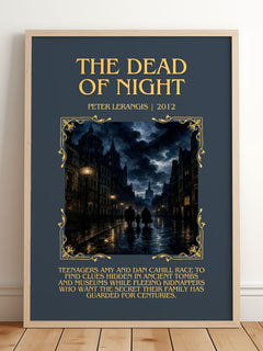 The Dead of Night Minimalist Book Poster by Peter Lerangis – framed print leaning on a wooden floor