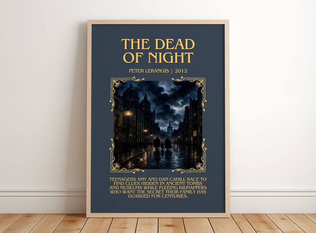 The Dead of Night Minimalist Book Poster by Peter Lerangis – framed print leaning on a wooden floor