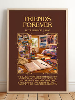 Friends Forever Minimalist Book Poster by Peter Lerangis – framed print leaning on a wooden floor