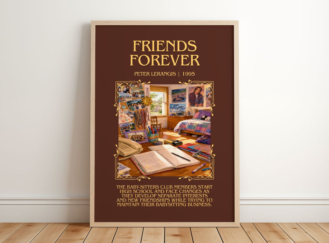 Friends Forever Minimalist Book Poster by Peter Lerangis – framed print leaning on a wooden floor