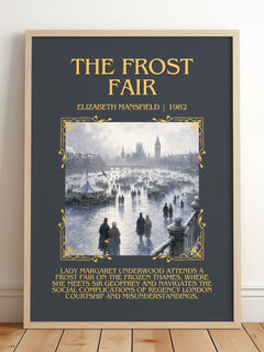 The Frost Fair Minimalist Book Poster by Elizabeth Mansfield – framed print leaning on a wooden floor
