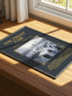 The Frost Fair Minimalist Book Poster by Elizabeth Mansfield – print on a sunlit desk