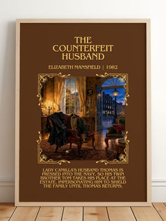 The Counterfeit Husband Minimalist Book Poster by Elizabeth Mansfield – framed print leaning on a wooden floor