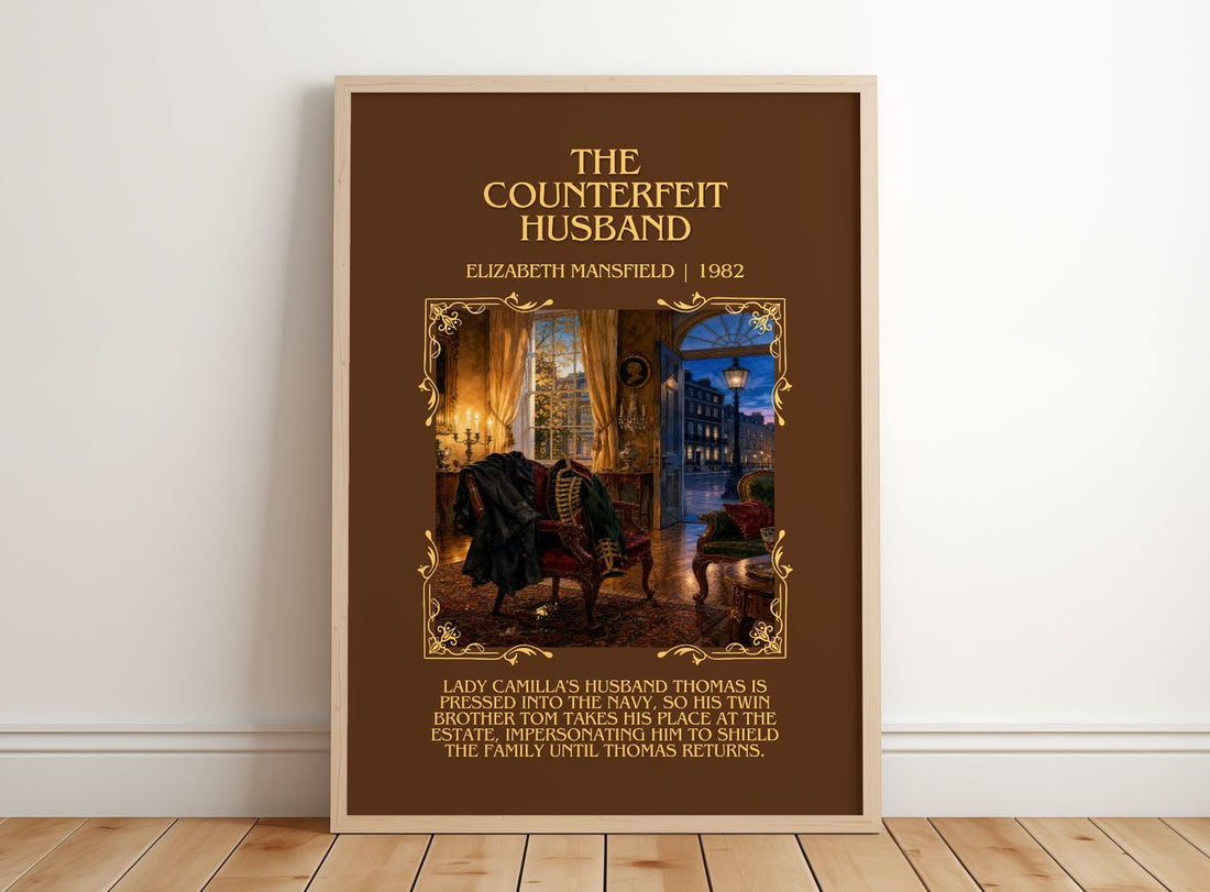 The Counterfeit Husband Minimalist Book Poster by Elizabeth Mansfield – framed print leaning on a wooden floor