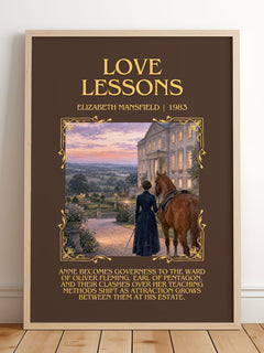Love Lessons Minimalist Book Poster by Elizabeth Mansfield – framed print leaning on a wooden floor