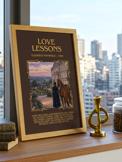 Love Lessons Minimalist Book Poster by Elizabeth Mansfield – framed print on a city-view windowsill