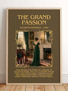 The Grand Passion Minimalist Book Poster by Elizabeth Mansfield – framed print leaning on a wooden floor