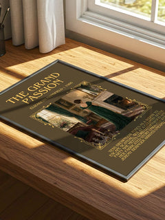 The Grand Passion Minimalist Book Poster by Elizabeth Mansfield – print on a sunlit desk