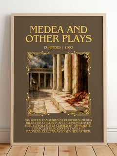 Medea and other plays Minimalist Book Poster by Euripides – framed print leaning on a wooden floor