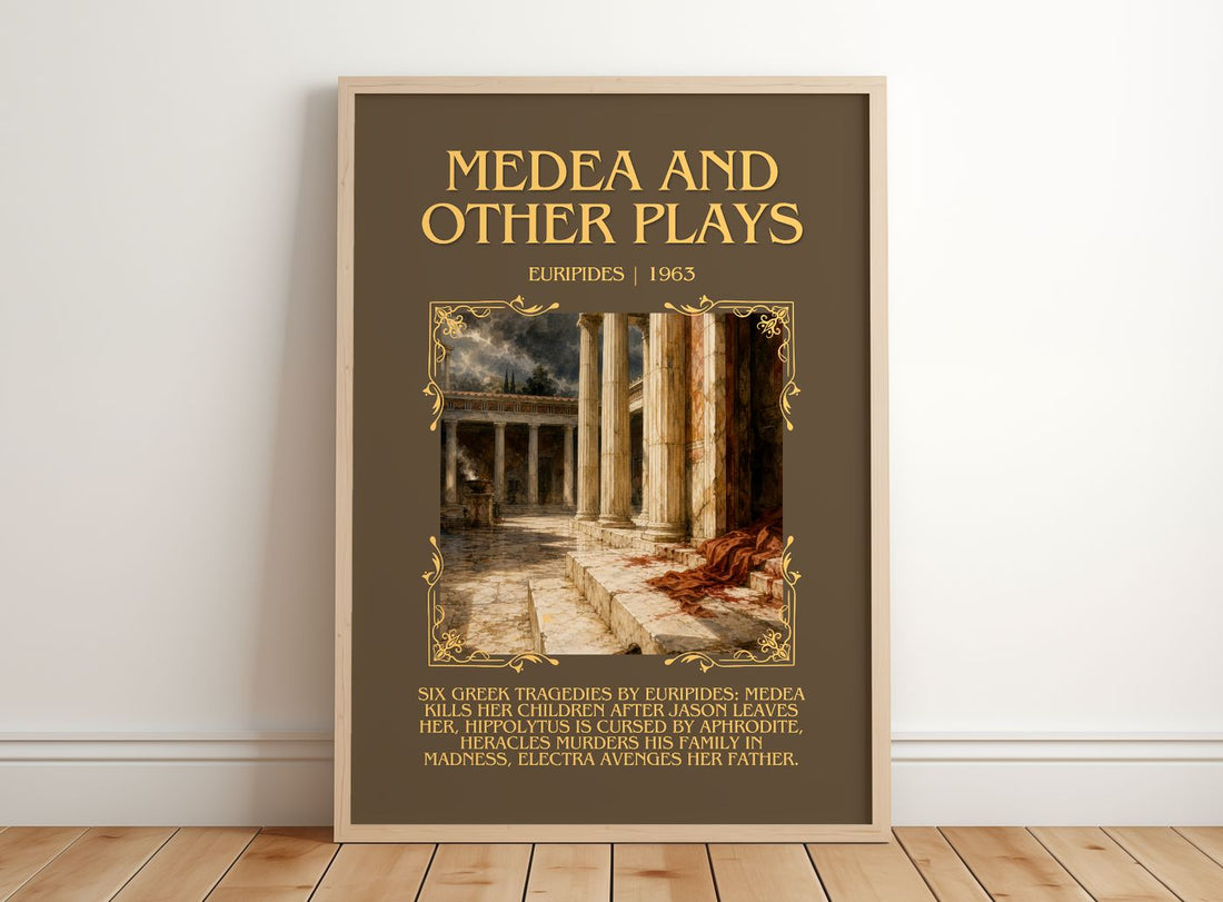 Medea and other plays Minimalist Book Poster by Euripides – framed print leaning on a wooden floor