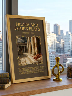 Medea and other plays Minimalist Book Poster by Euripides – framed print on a city-view windowsill